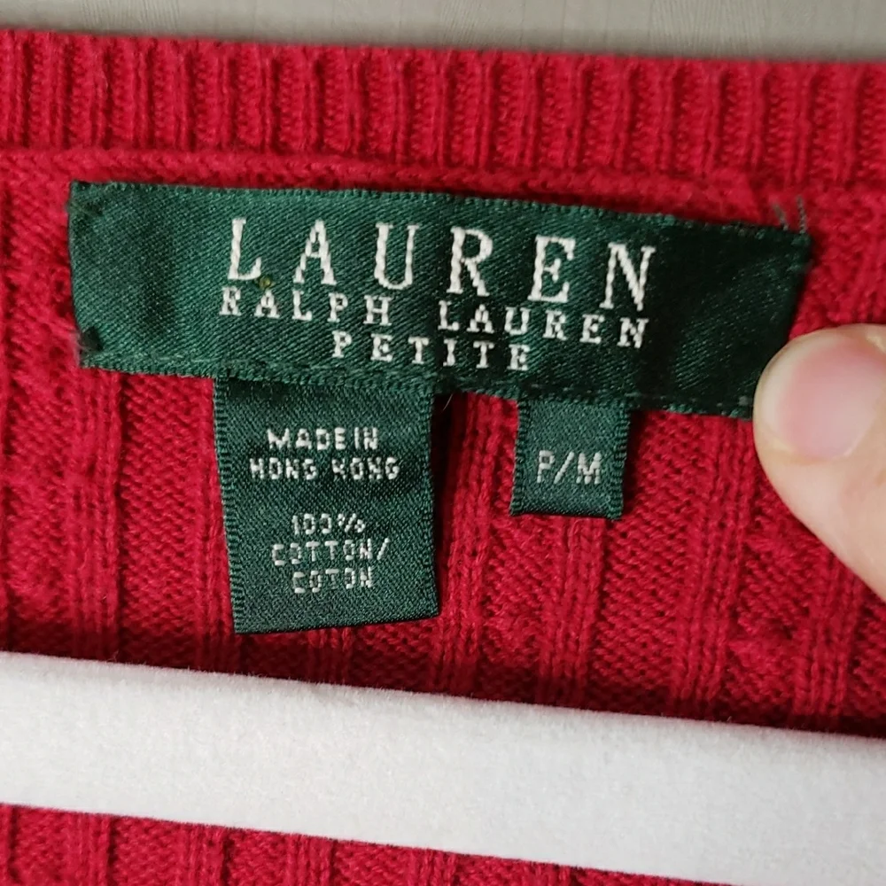 Lauren Ralph Lauren Sweater Cable Knit V-neck Petite Cotton Red Classy Medium PM
